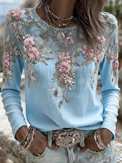 Floral Printing Jersey Crew Neck Long Sleeve T-shirt