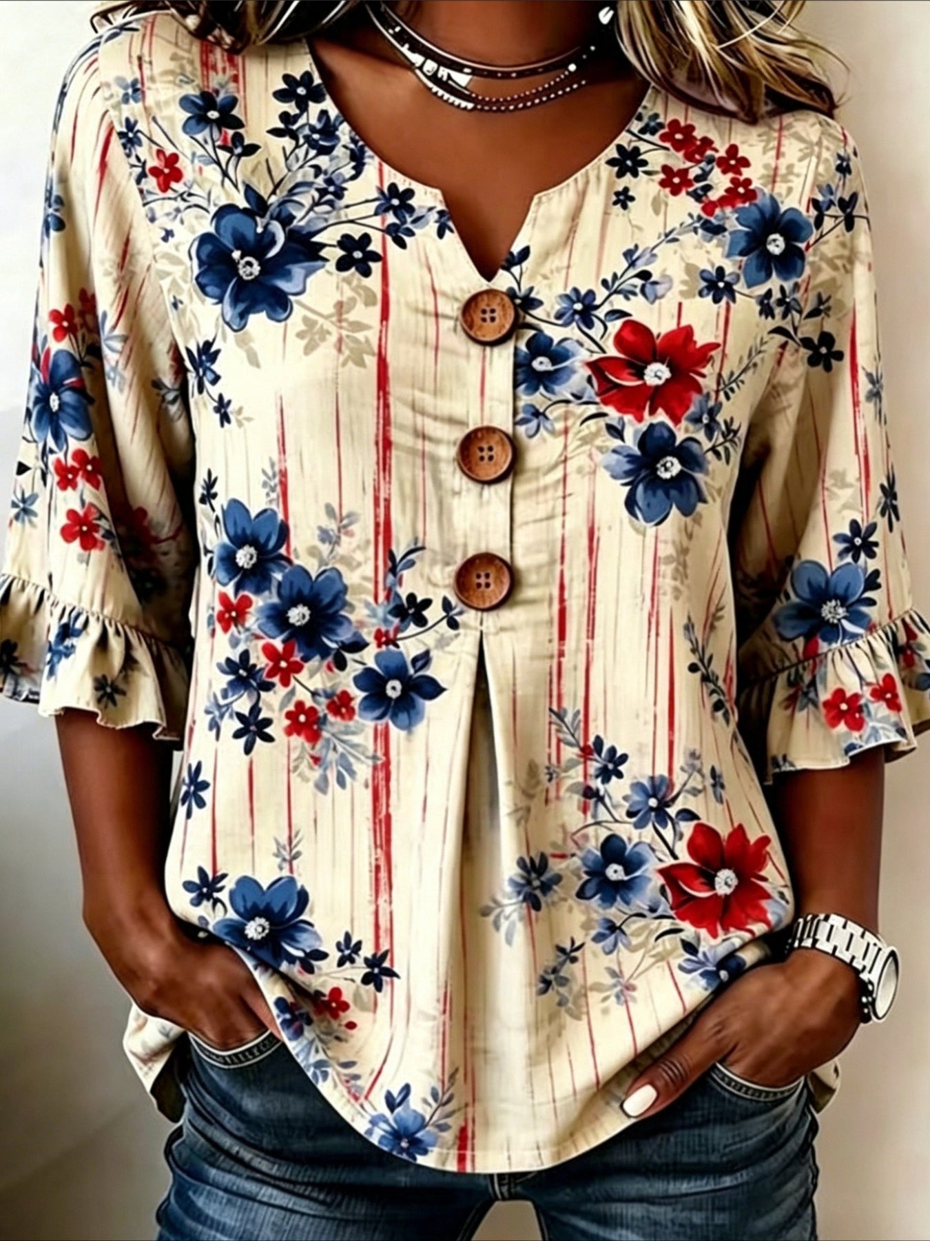 Flower Print V Neck Button Short Ruffle Sleeve Casual Top