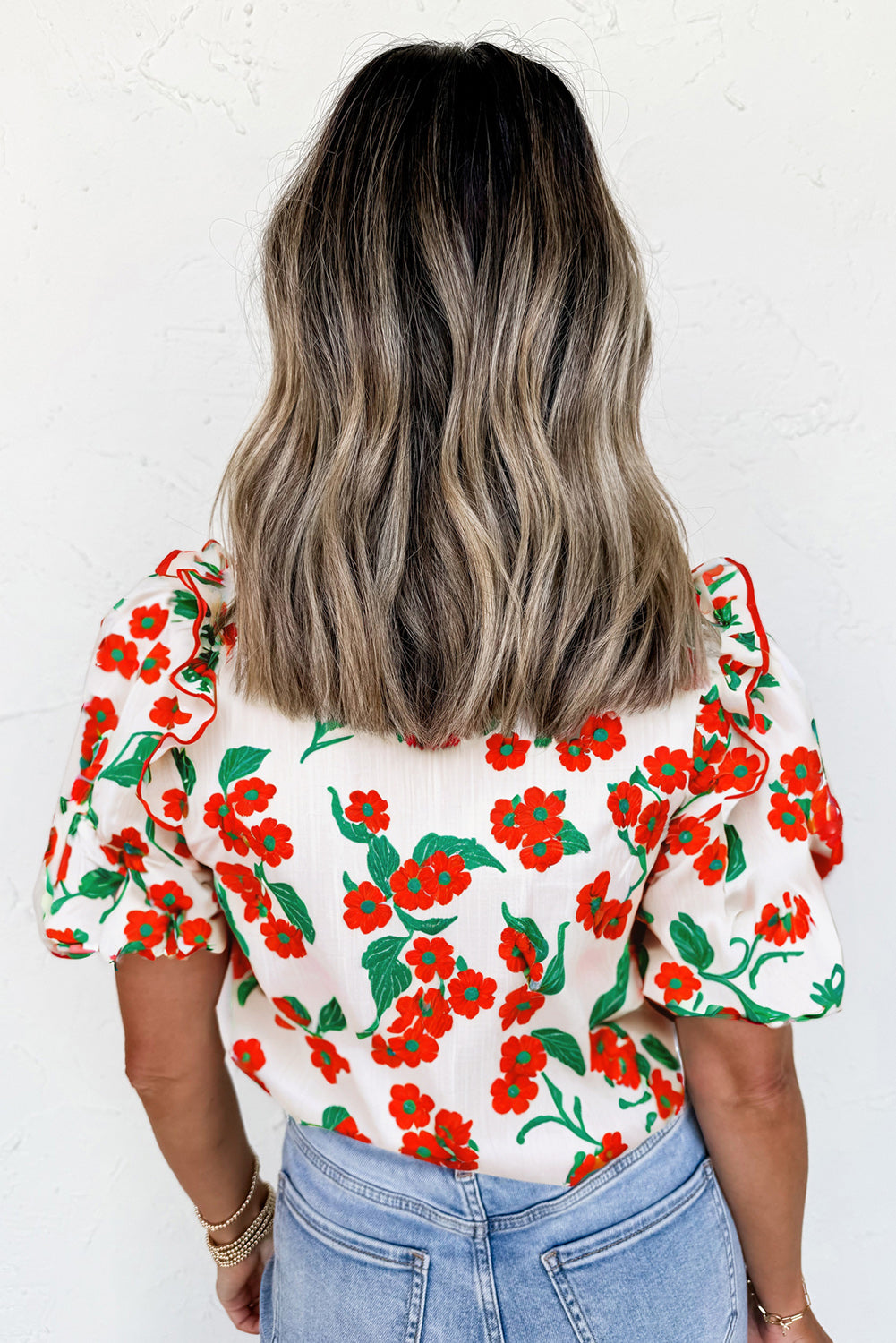 Red Floral Print Ruffled Puff Sleeve Elegant Summer Shirt