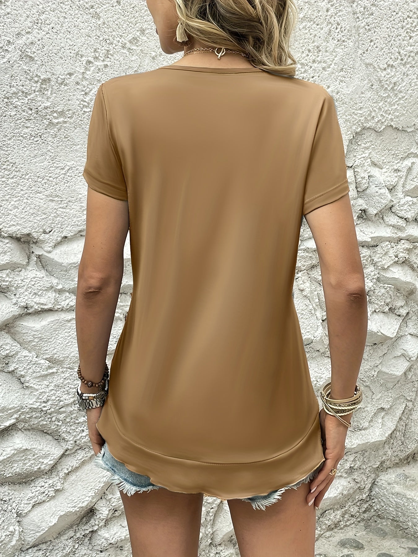 Asymmetrical Ruffle Hem T-Shirt, Casual Crew Neck Short Sleeve T-Shirt