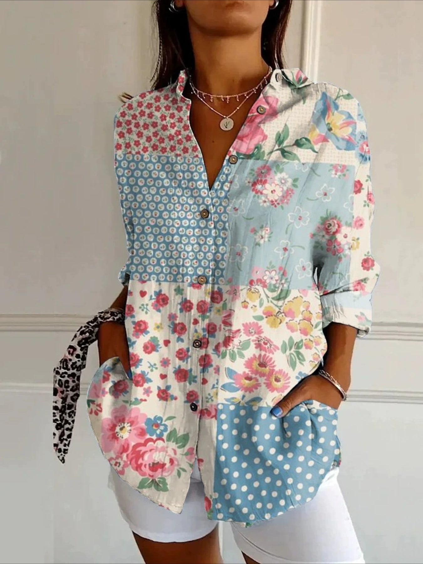 Elegant Floral Print Casual Lapel Collar Long Sleeve Button Top