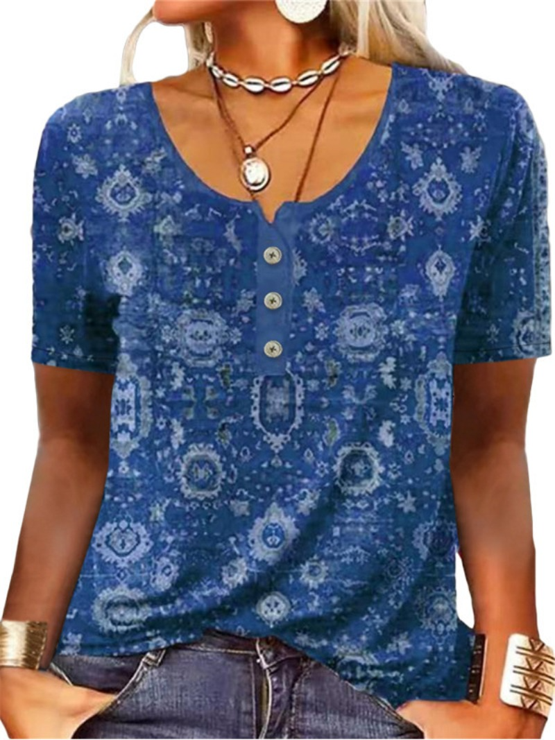 Printed Short Sleeve Pullover Casual Button T-Shirt