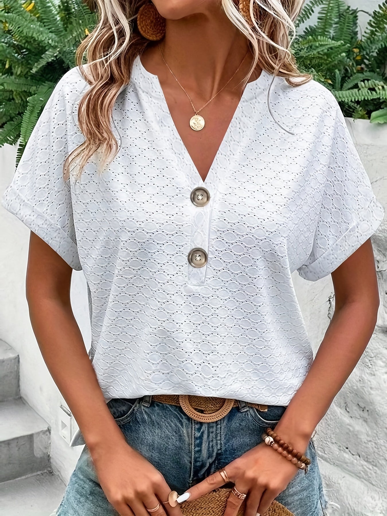 Solid Button Front V Neck T-Shirt, Casual Short Sleeve Top