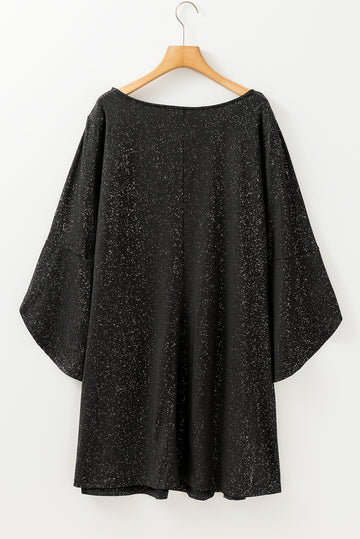 Black Plus Size Glitter Metallic Bell Sleeve Round Neck Mini Dress