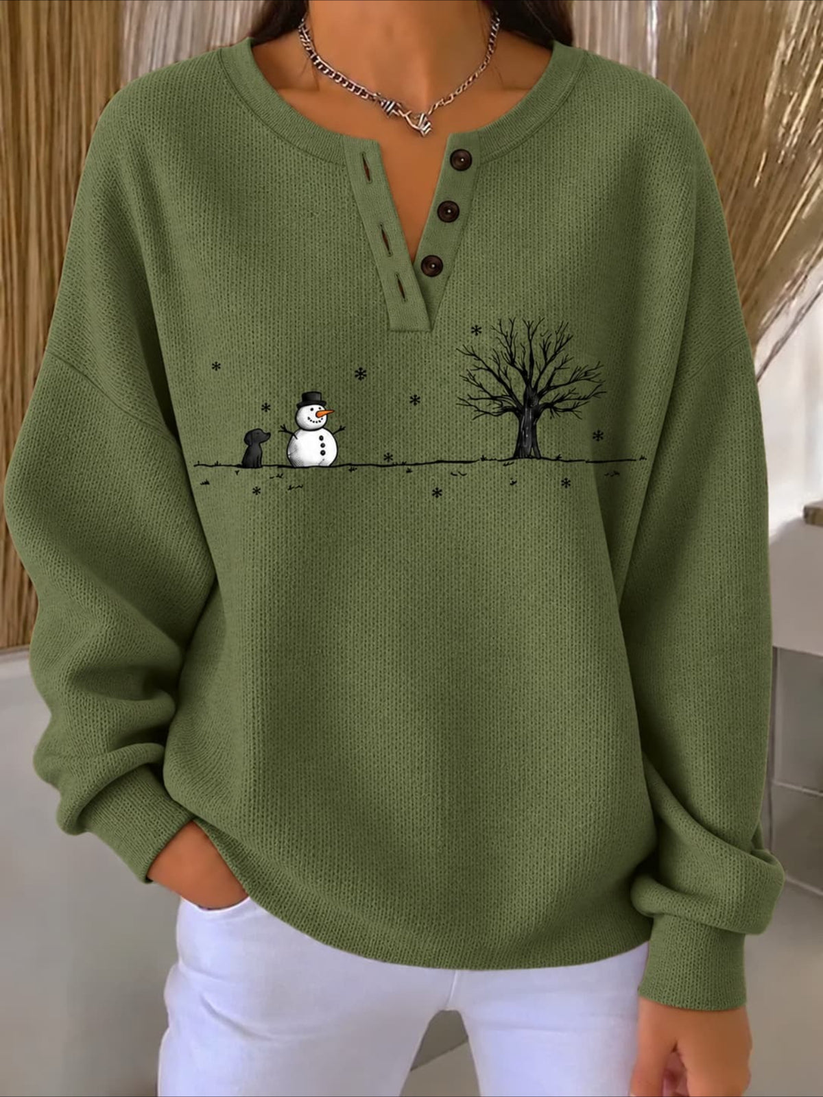 Winter Snowman Puppy Print Crew Neck Button Long Sleeve Top