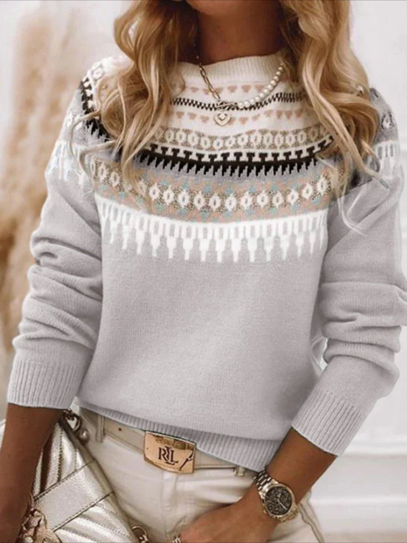 Cozy Chic Knit  Crew Neck Long Sleeve Pullover with Ethnic Pattern Sweater