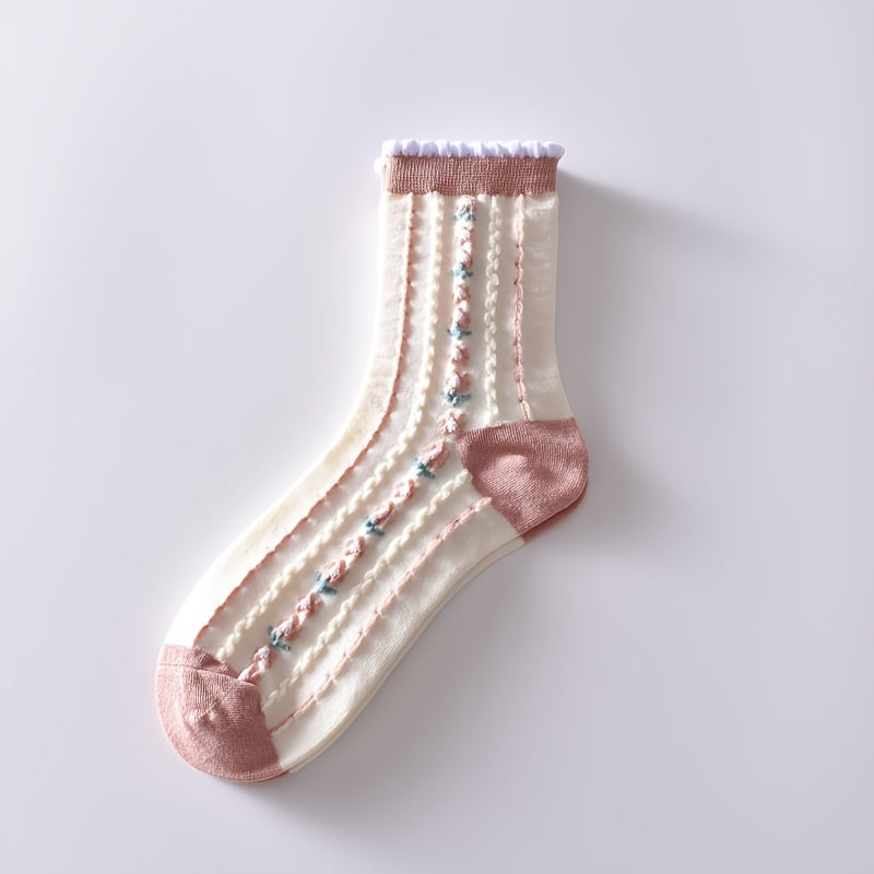 6 Pairs Flower Bubble Cable Crew Socks, Lightweight & Comfy Mid-tube Socks