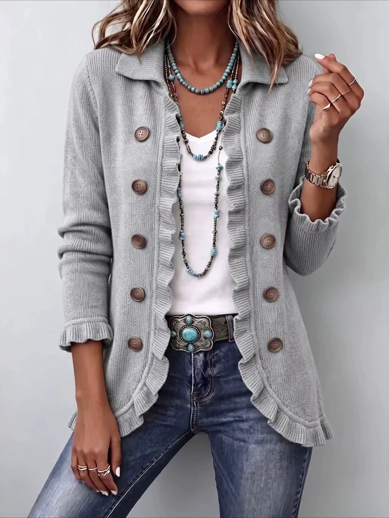 Solid Color Long Sleeve Ruffle Edge Button-knitted Cardigan