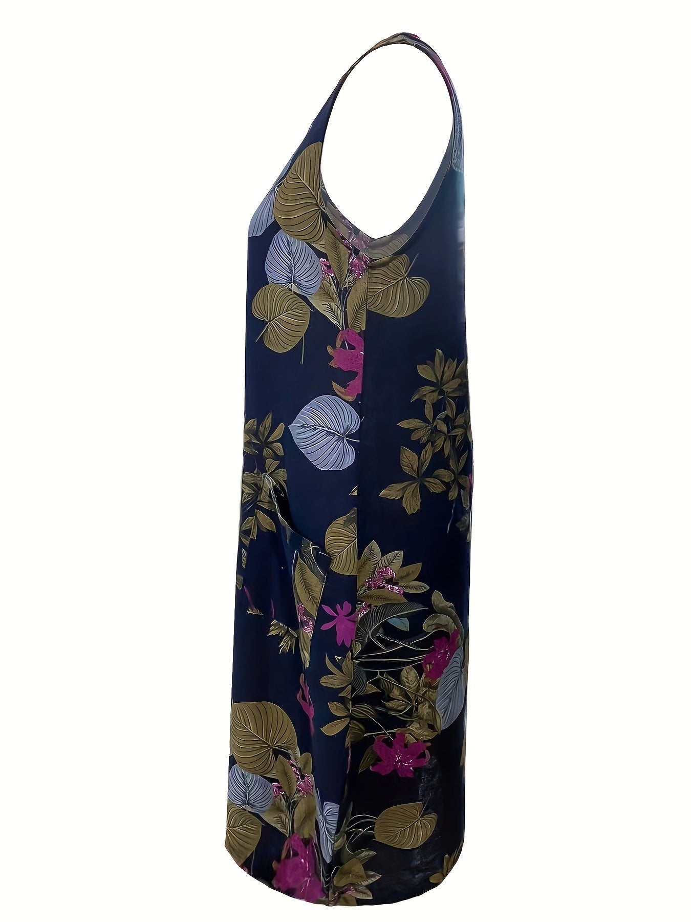 Floral Print Tank Dress, Vintage Crew Neck Sleeveless Dress