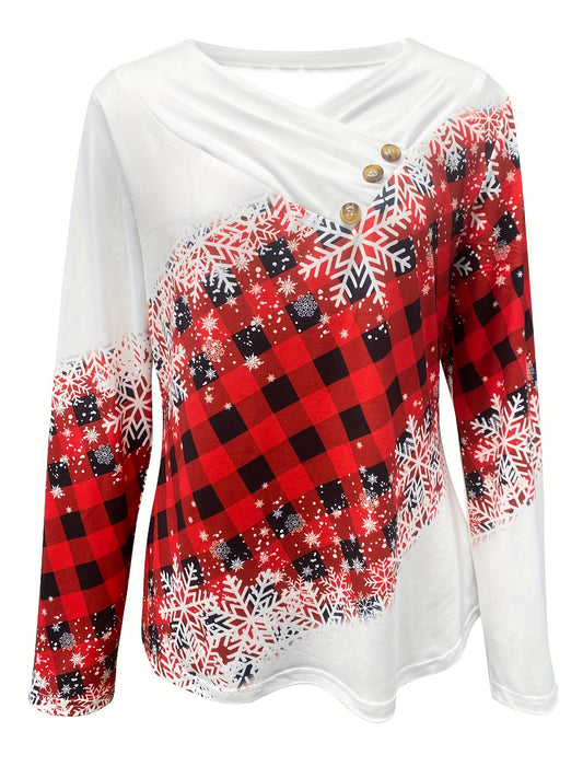Christmas Snowflake Print Button Decor T-shirt, Casual Long Sleeve Plaid Print T-shirt