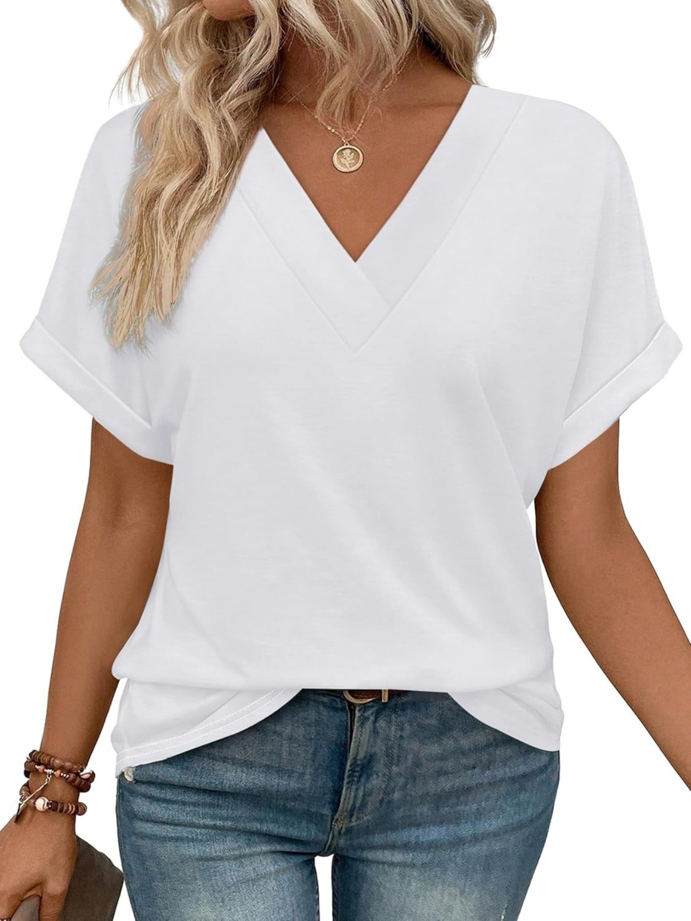 Solid Color V Neck Short Dolman Sleeve Shirts
