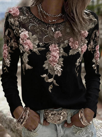 Floral Printing Jersey Crew Neck Long Sleeve T-shirt