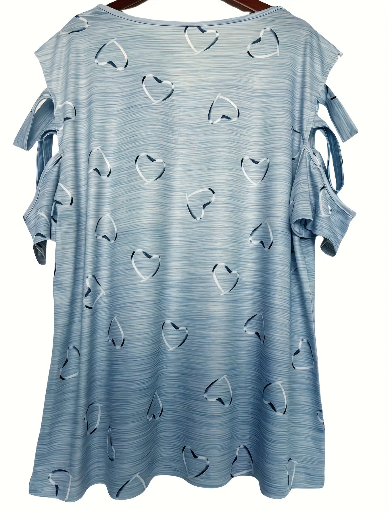 Short Sleeve Heart Print V-Neck T-Shirt with Cold Shoulder Design