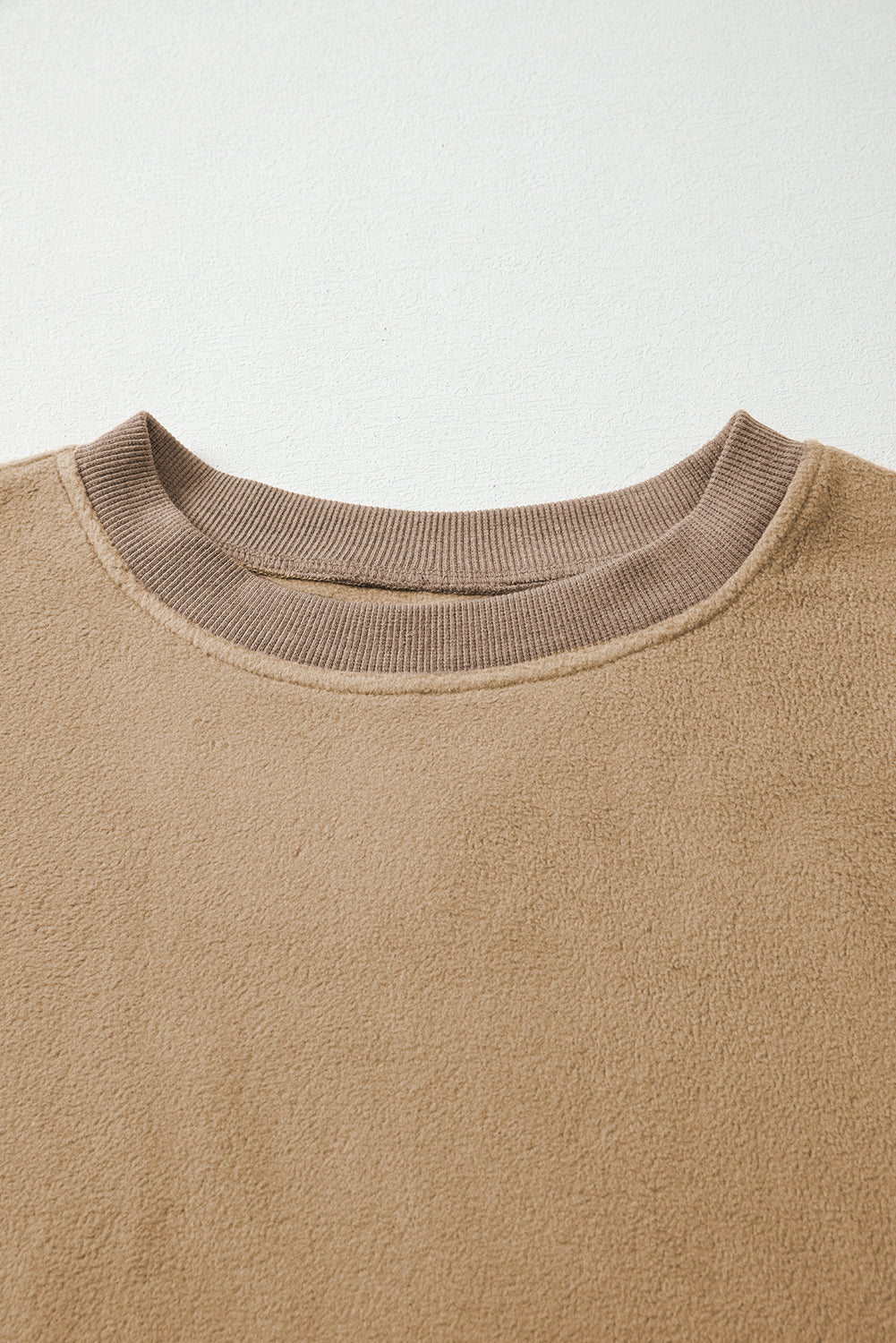 Dark Khaki Fuzzy Sherpa Splicing Pullover Sweatshirt with Side Slit