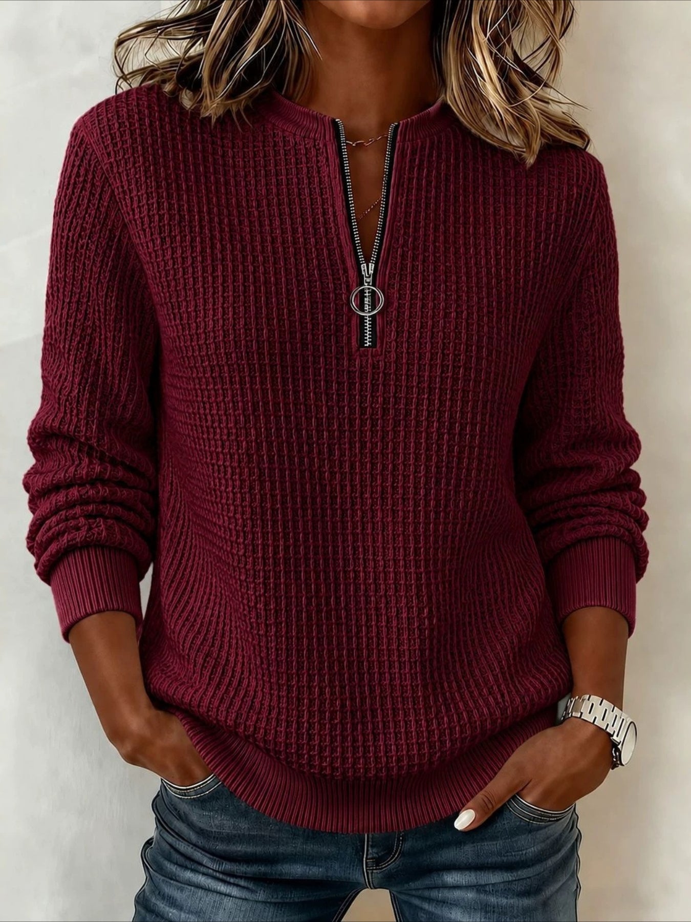 Half-open Zipper Waffle Long Sleeve Jumper Casual Knitted Sweater