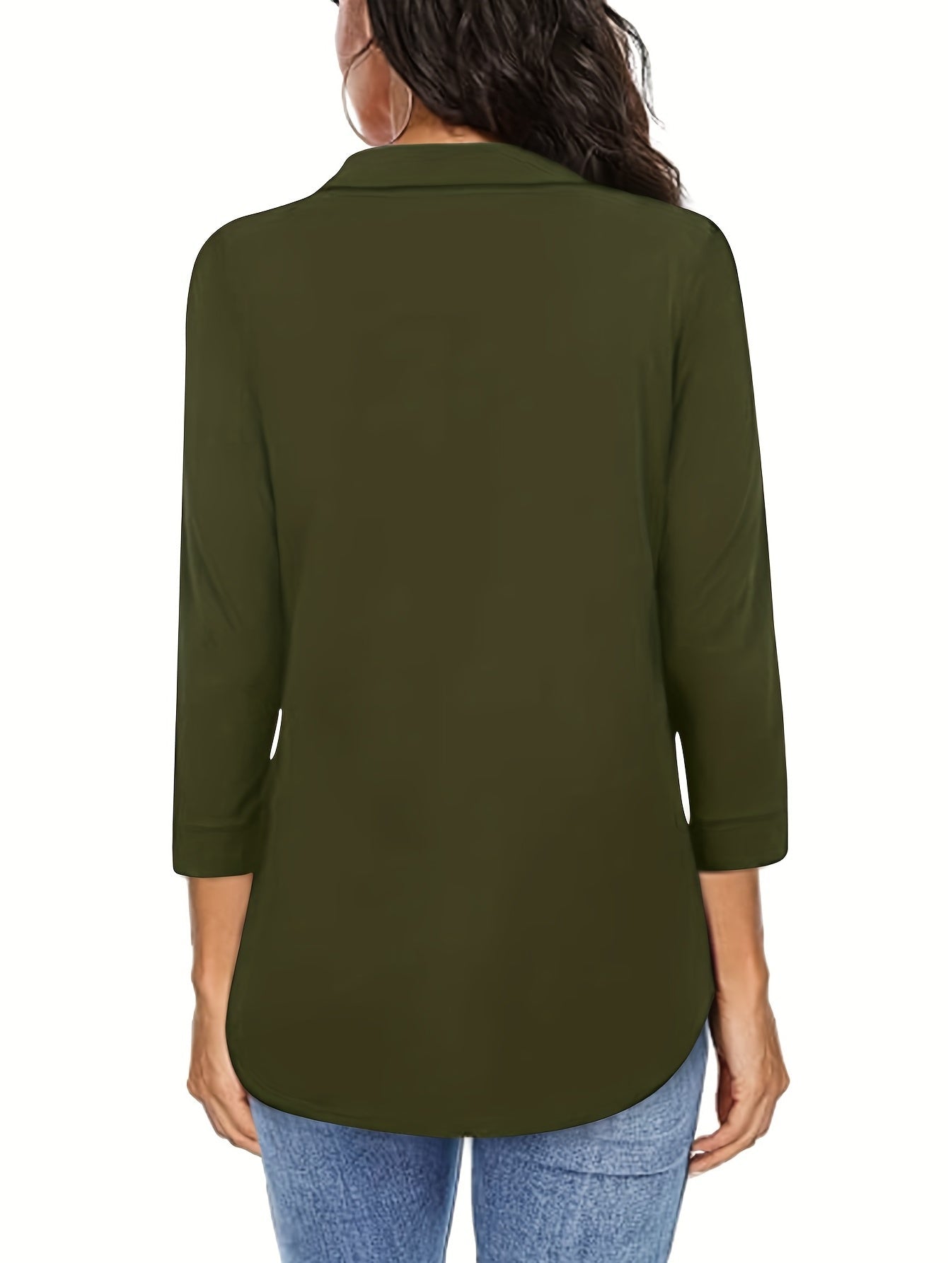 Solid V-neck Blouse, Casual 3/4 Sleeve Blouse