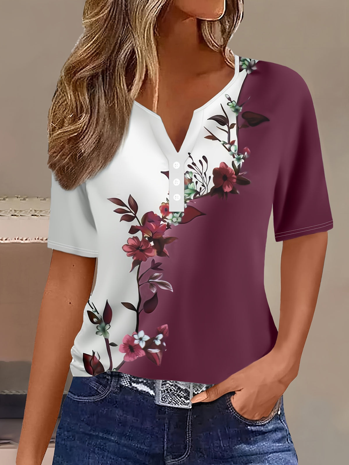 Vintage Notched Neck Floral Print Color Block T-Shirt