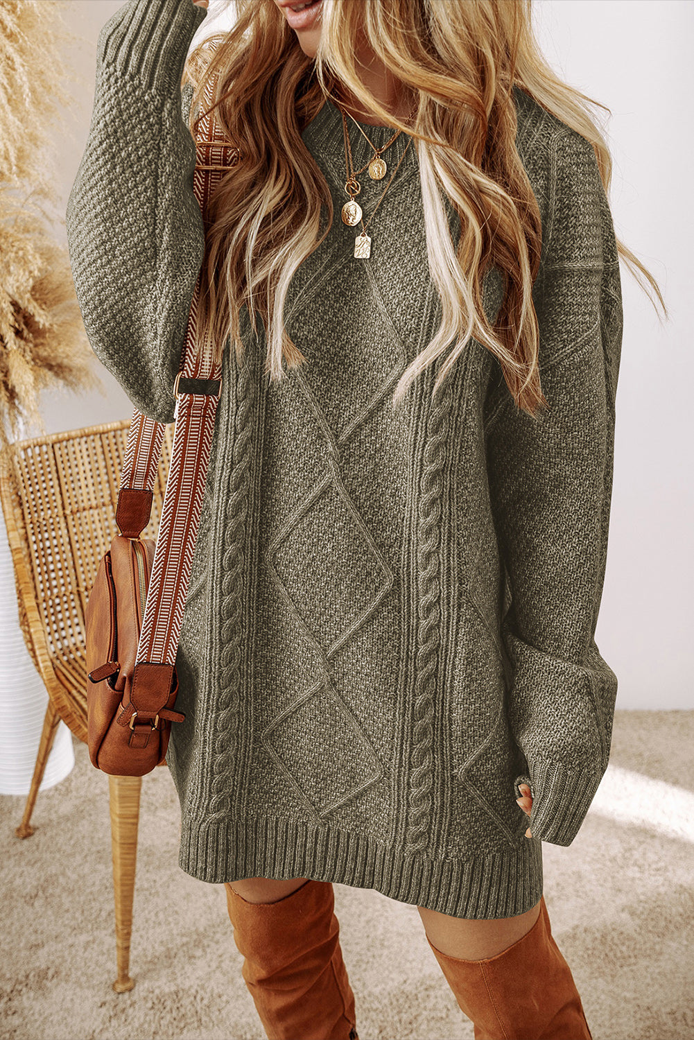 Mist Green Cable Knit Drop Shoulder Loose Fit Sweater Dress