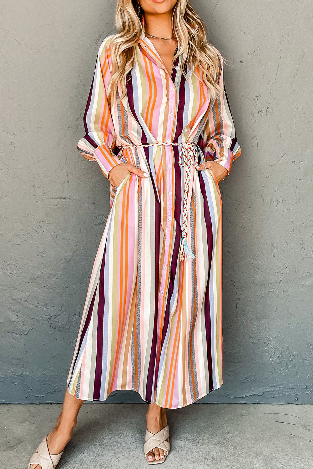 White Multicolor Striped Cuffed Sleeve Tassel Tied Shirt Maxi Dress