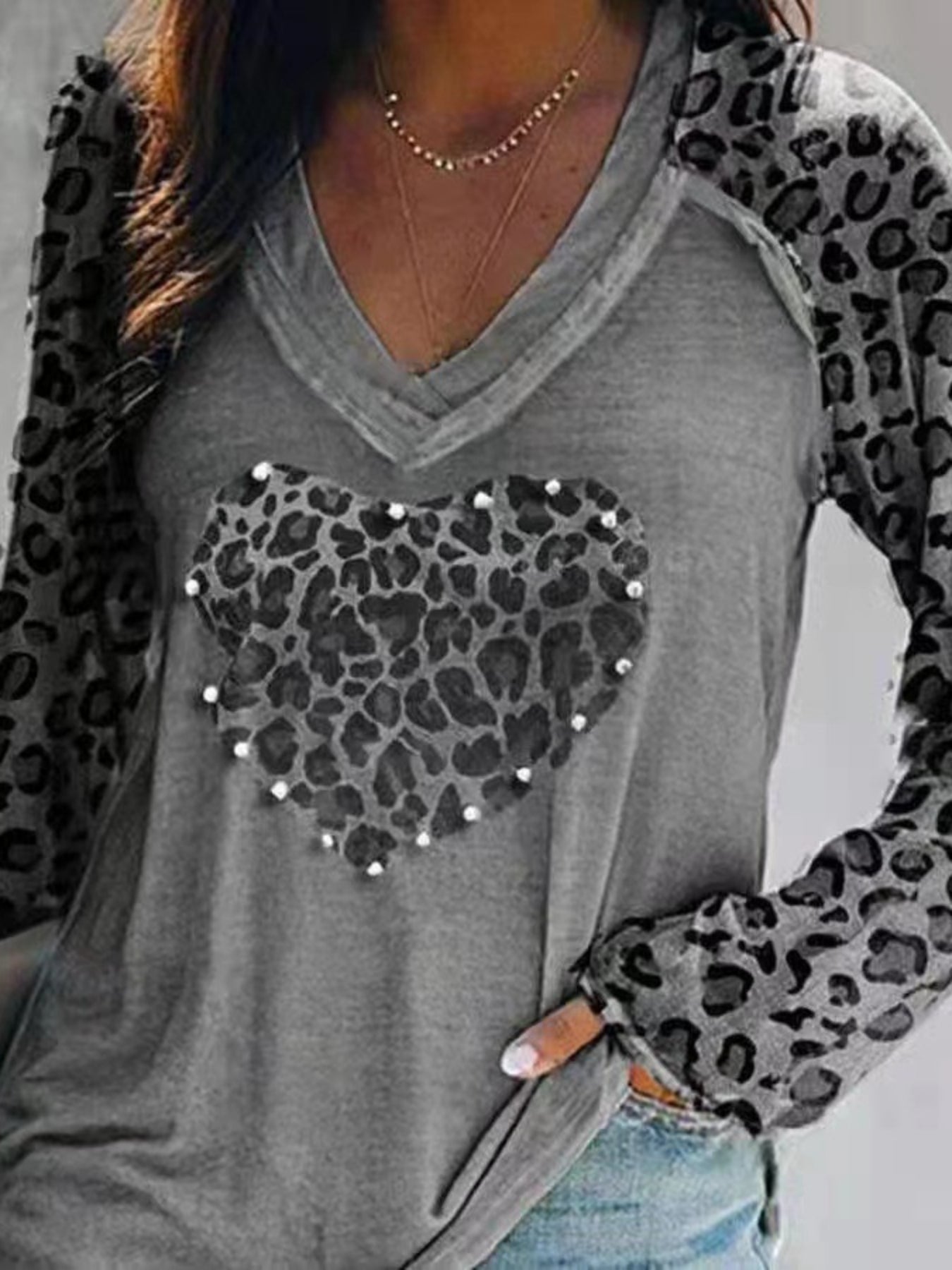 Plaid Heart Print V Neck T-Shirt, Casual Long Sleeve Top