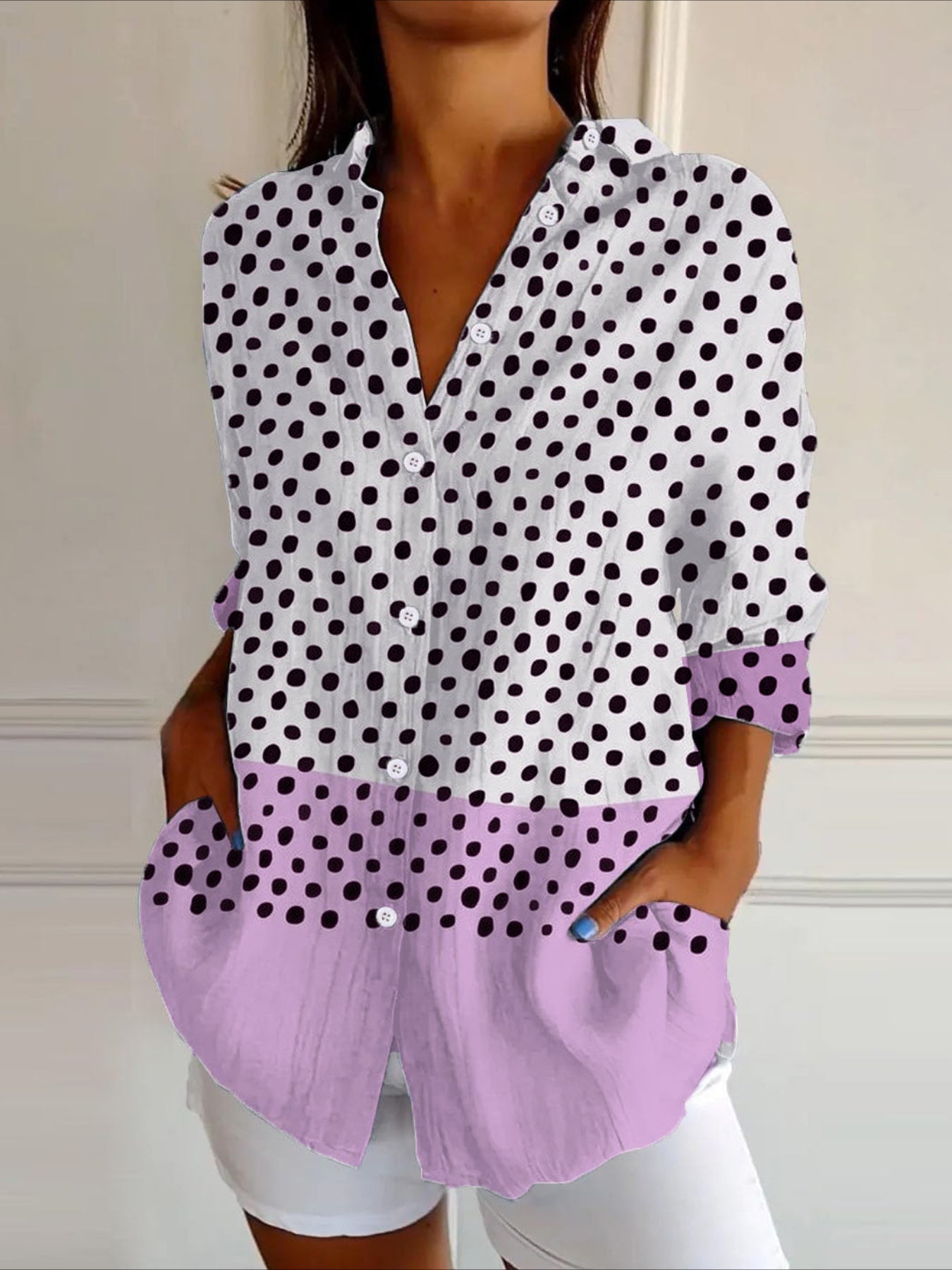 Lapel Multi Color Block Long Sleeve Regular Micro Stretch Loose Blouse