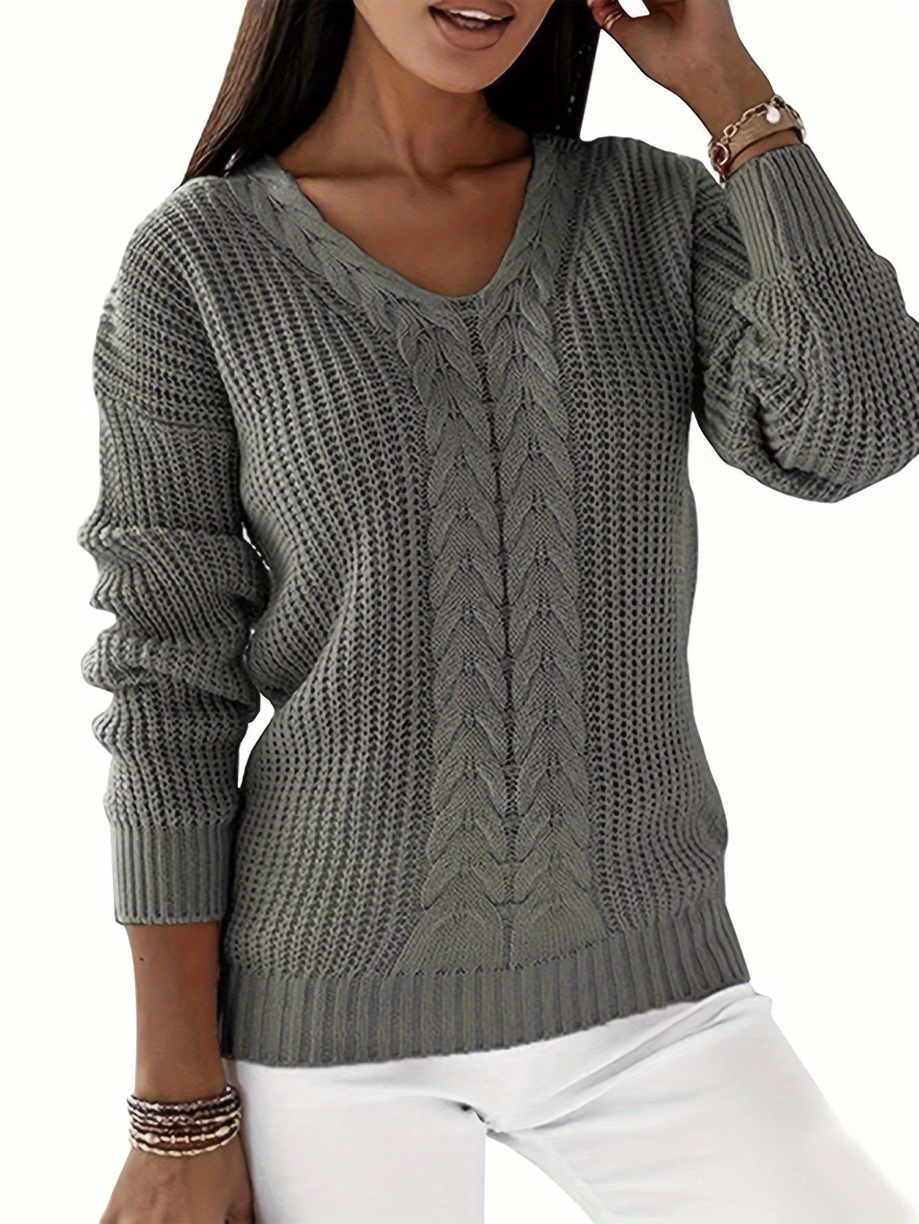 Cable Knit V Neck Sweater, Casual Long Sleeve Sweater