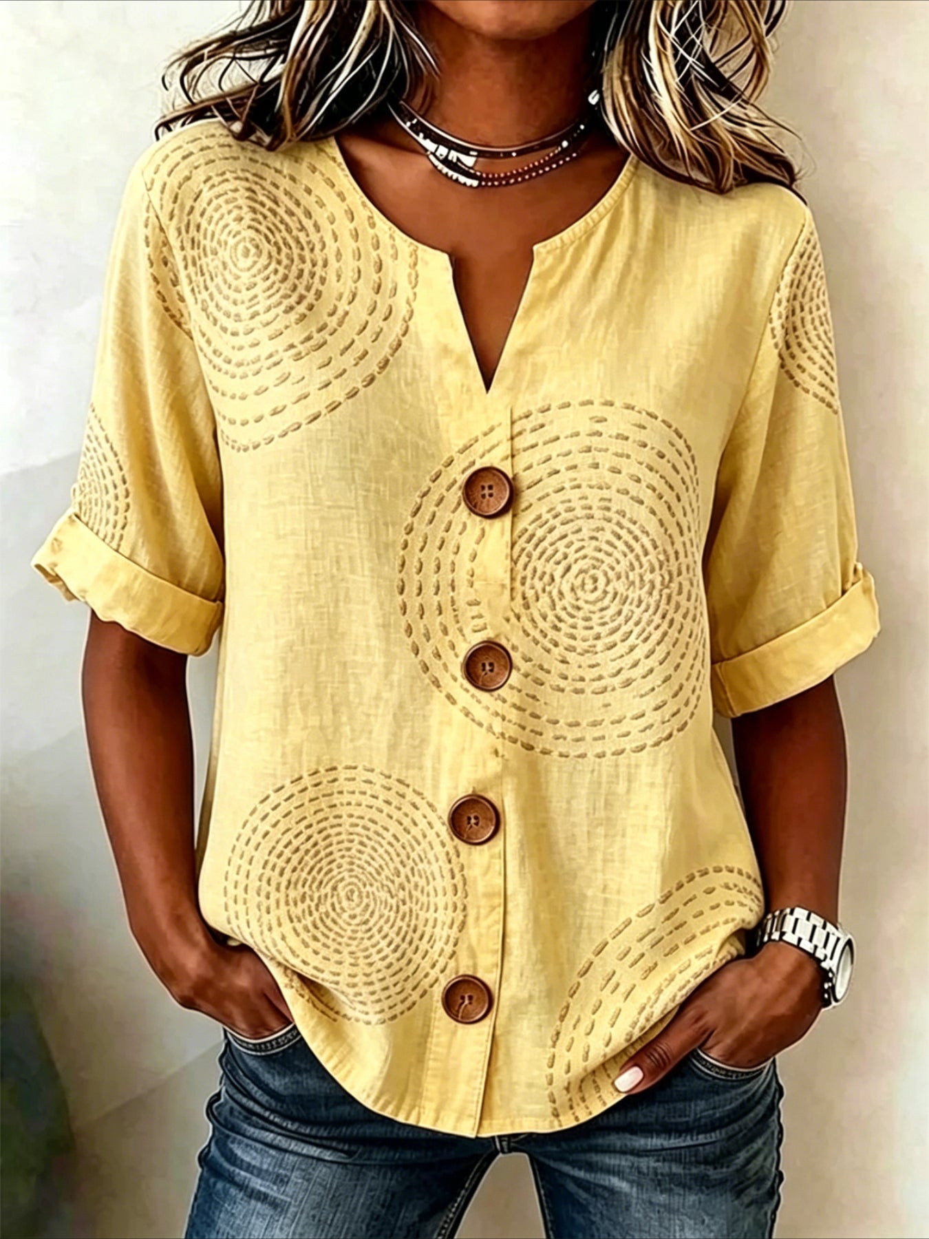 Geometric Print Loose Stand Collar Simple Linen Blend Shirt