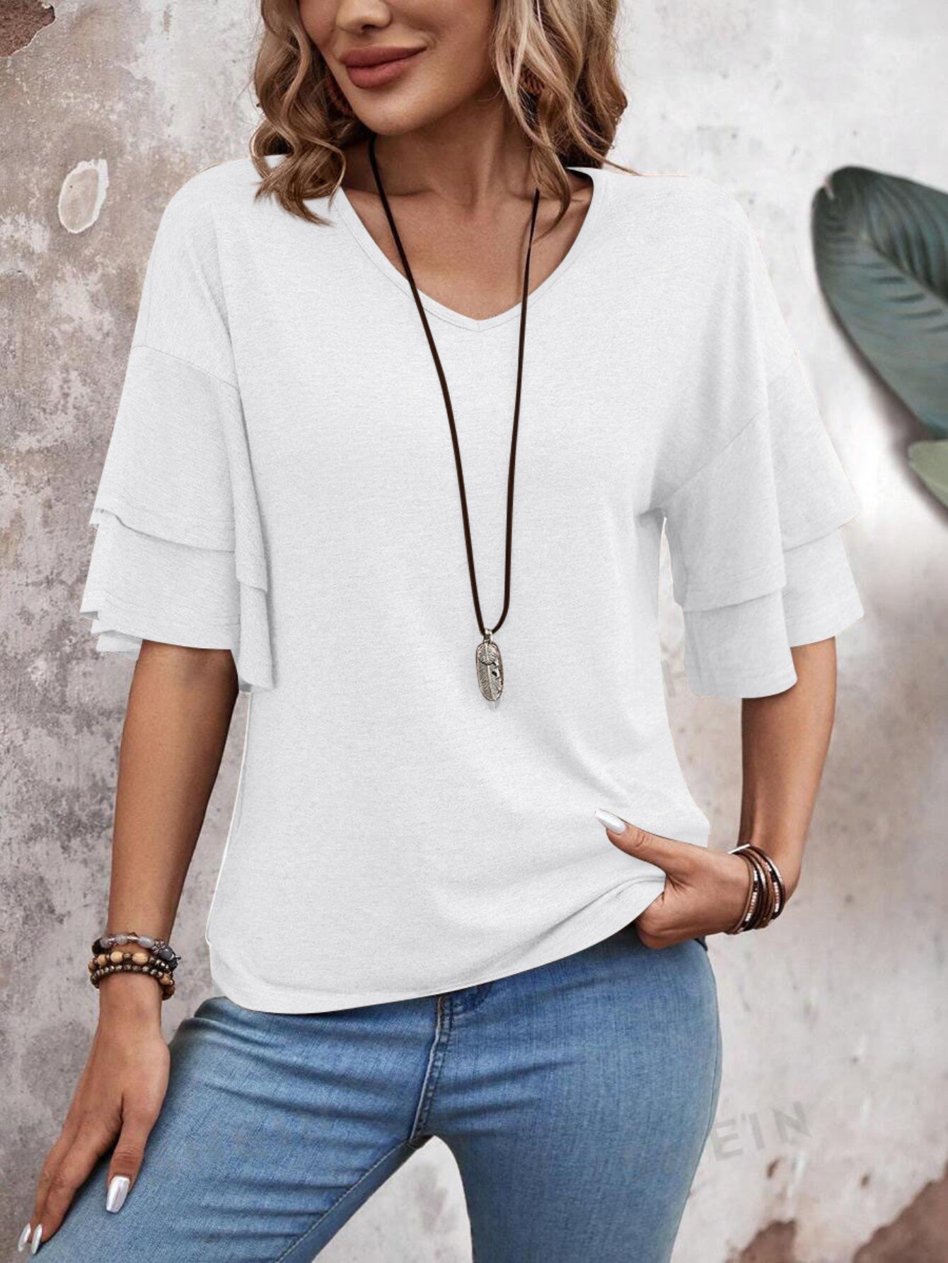 Casual Solid Color Flare Sleeve V Neck T-Shirt