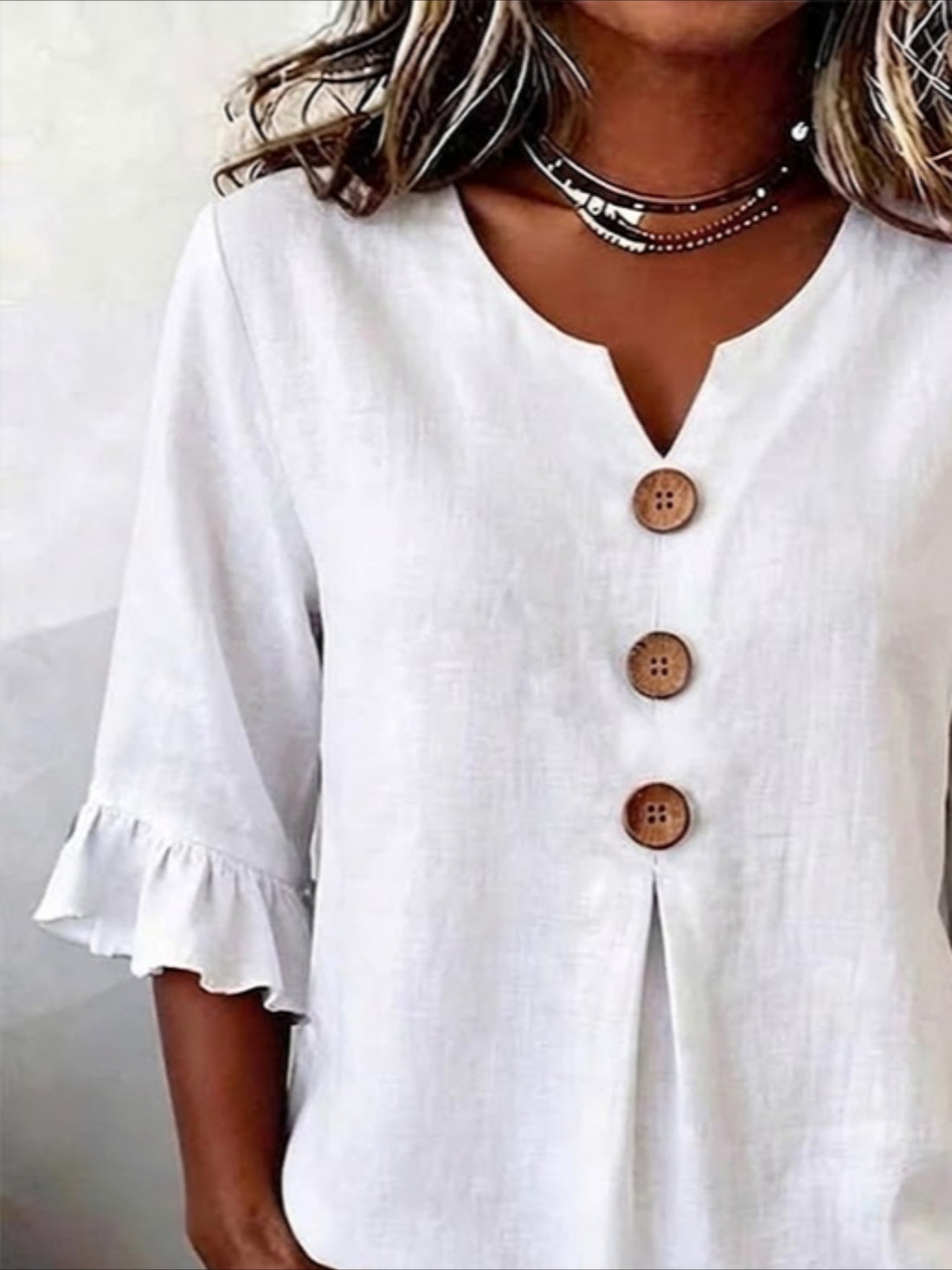 Solid Color Floral V Neck Button Short Ruffle Sleeve Casual Top