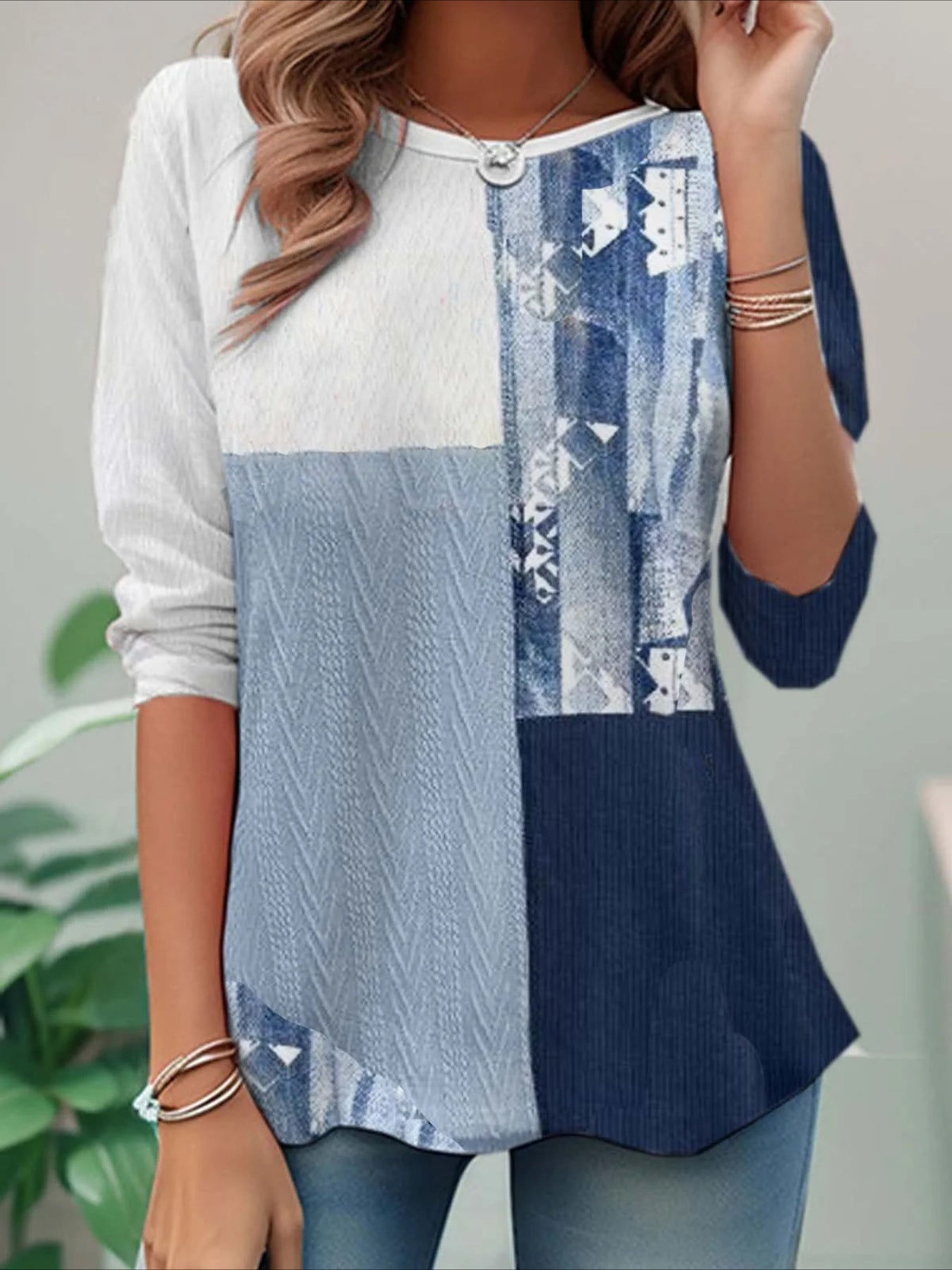 Elegant Color Block Print Crew Neck Long Sleeve T-Shirt