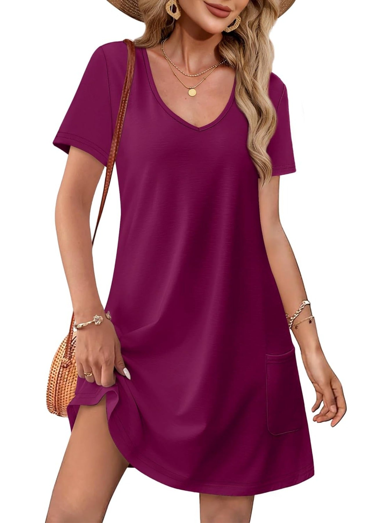 Loose V Neck Short Sleeve Casual T Shirt Dress