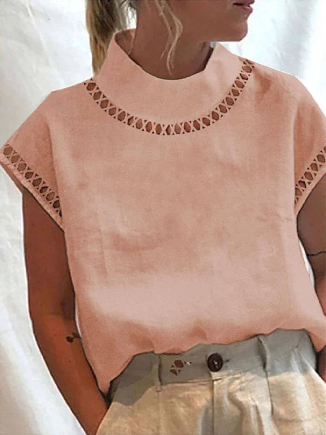 Solid Color Basic Casual Short Sleeve High Neck Regular Tops