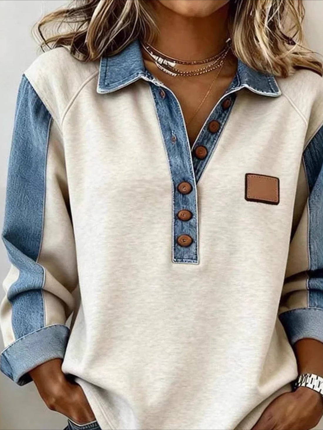 Casual Shawl Collar Color Block Sweatshirt