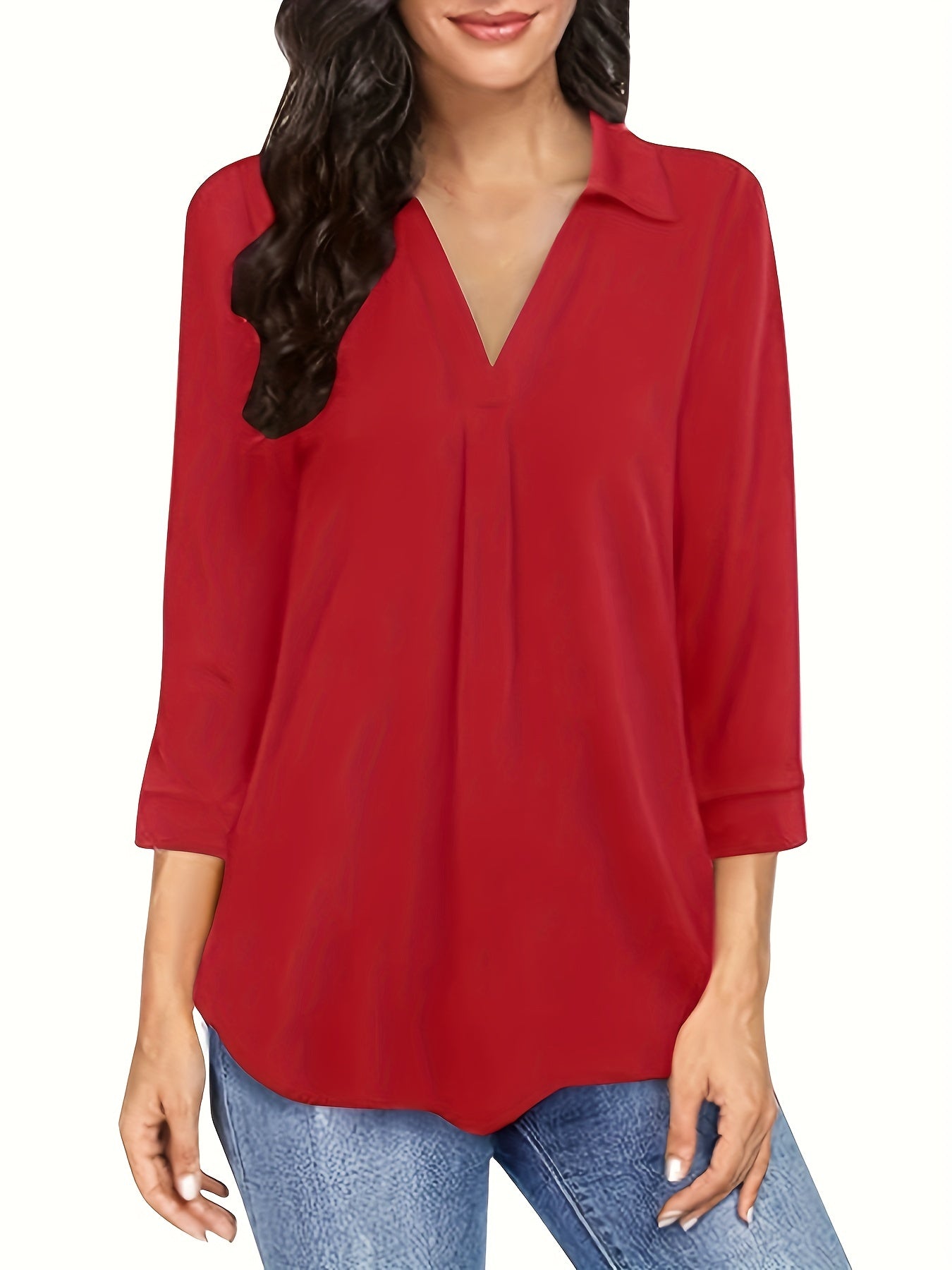 Solid V-neck Blouse, Casual 3/4 Sleeve Blouse