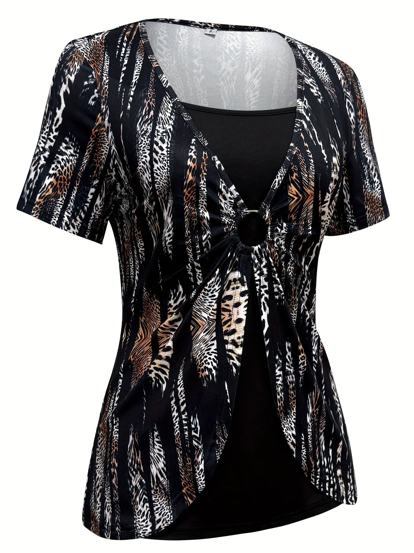 Maroon & Black Stretchy Polyester Blend Print Square Neck Short Sleeve T-Shirt