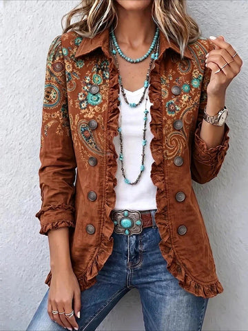 Western Style Pattern Print Long Sleeve Ruffle Edge Open Button Cardigan Coat