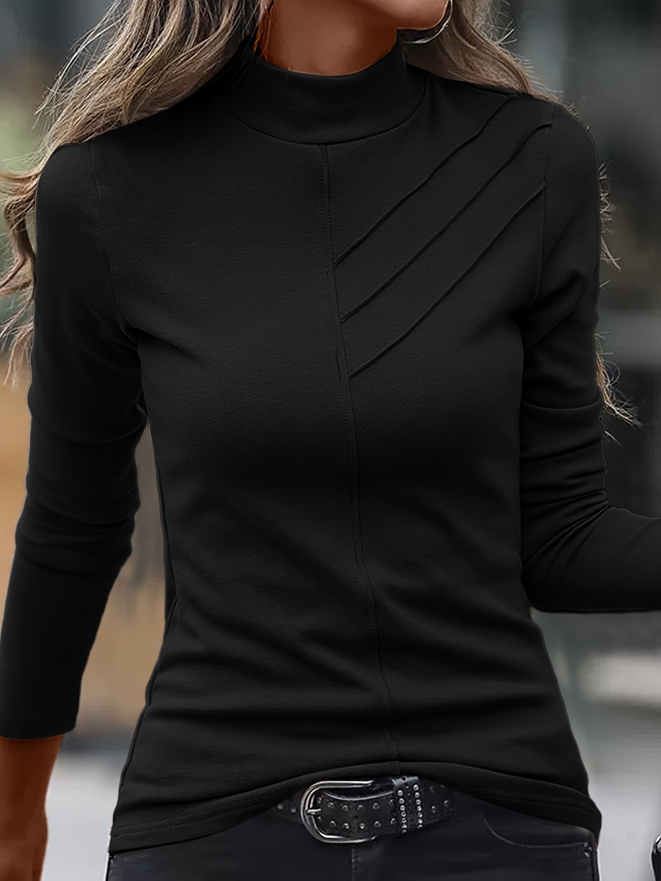 Solid Mock Neck T-Shirt, Casual Long Sleeve Top