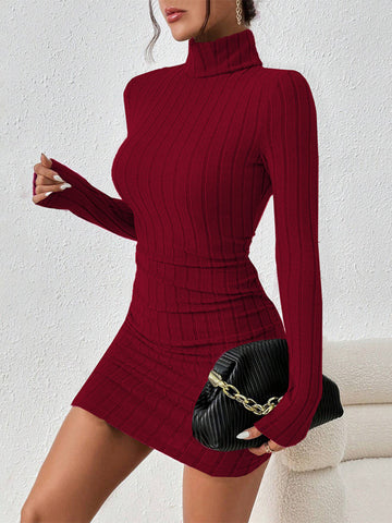 Stylish Ribbed Bodycon Turtleneck Dress - Elegant Long Sleeve Solid Design