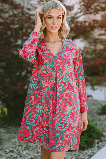 Rose Red Paisley Print Tab Sleeve Notched V-Neck Dress