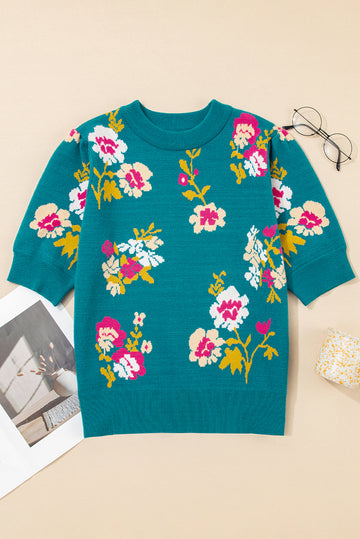 Blue Flower Pattern Mock Neck Short Sleeve Knitted T Shirt