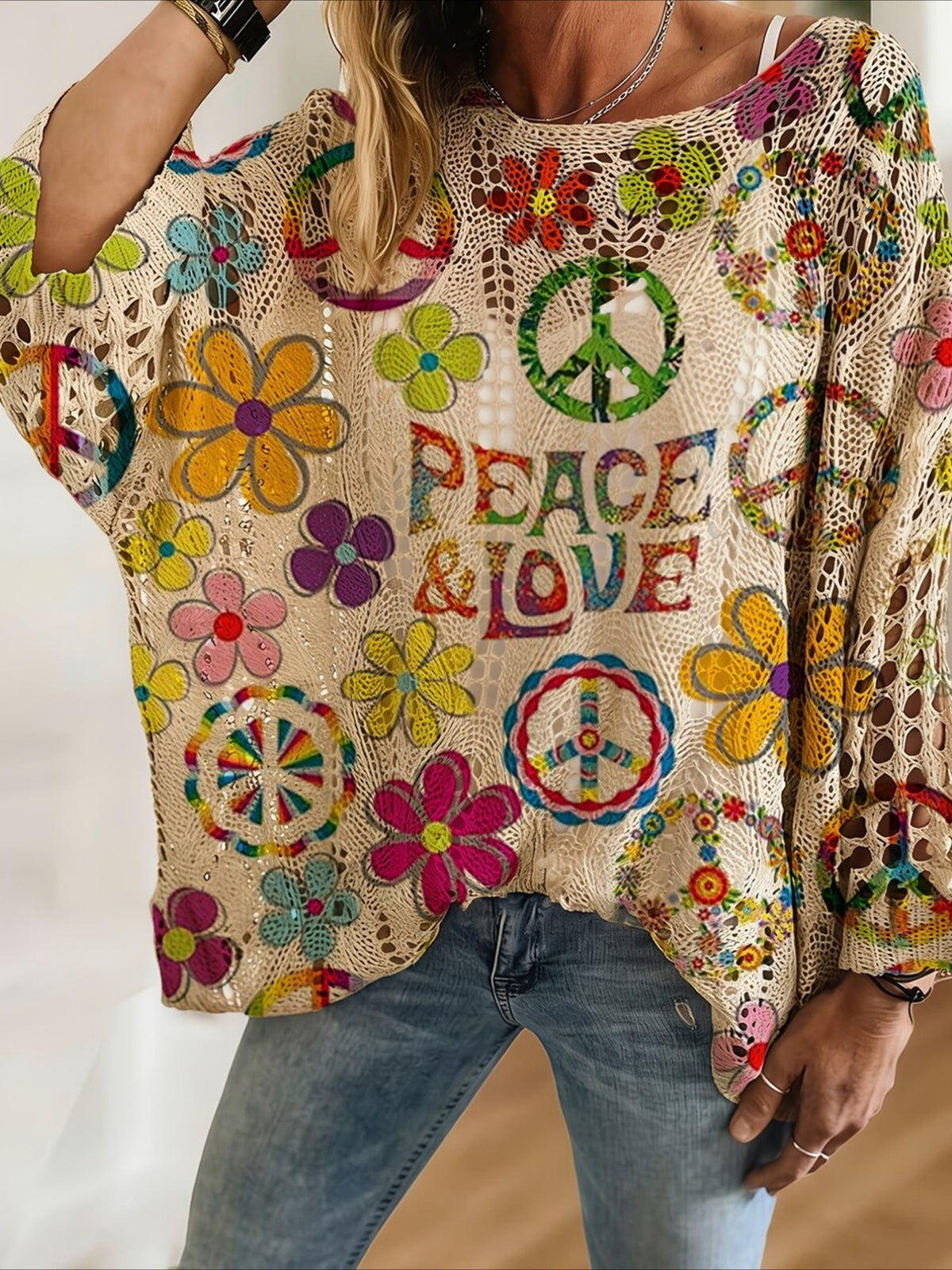 Ethnic Style Color Print Loose Bat Sleeve Knitted Sweater Top