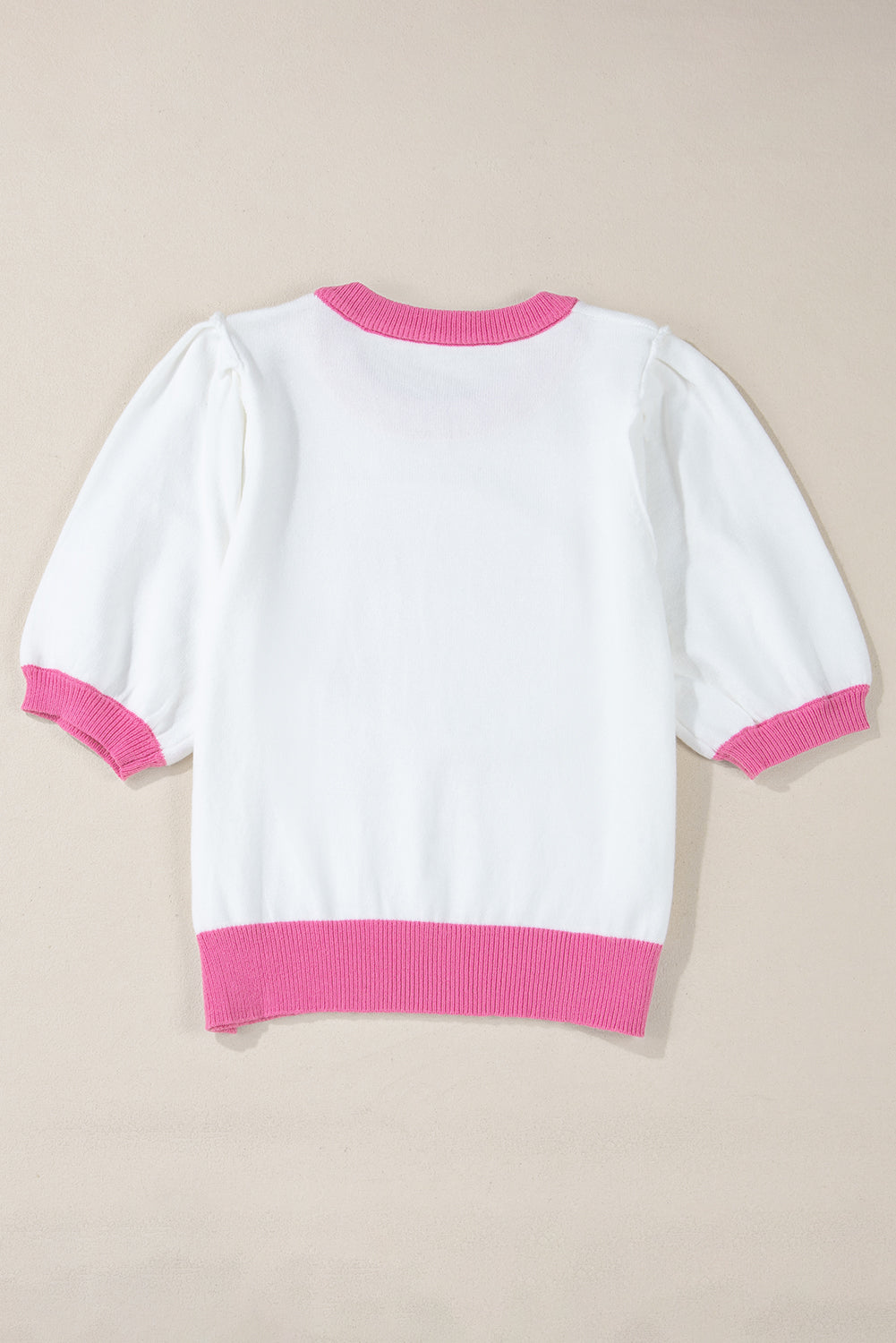 Pink Sequin Rugby Color Block Puff Short Sleeve Sweater