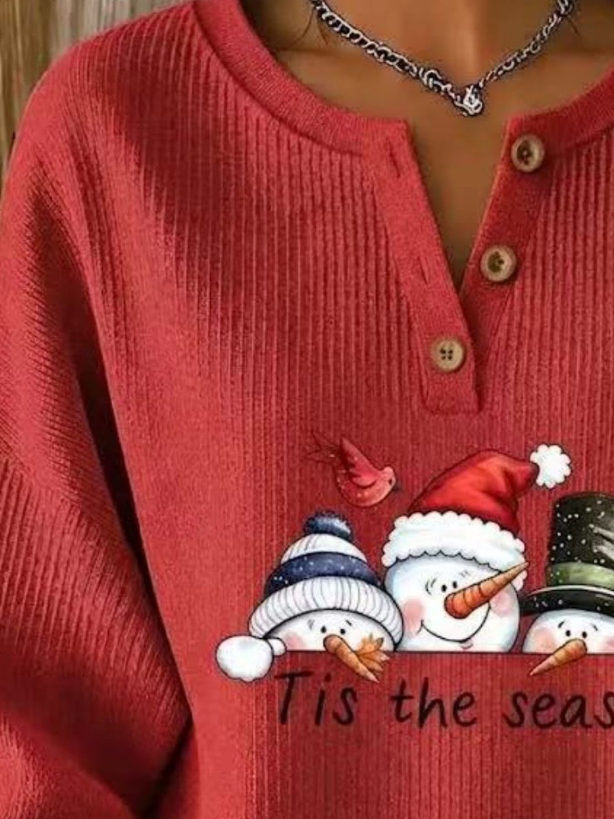 Christmas Themed Snowman Graphic Ribbed Henley Sweatshirt