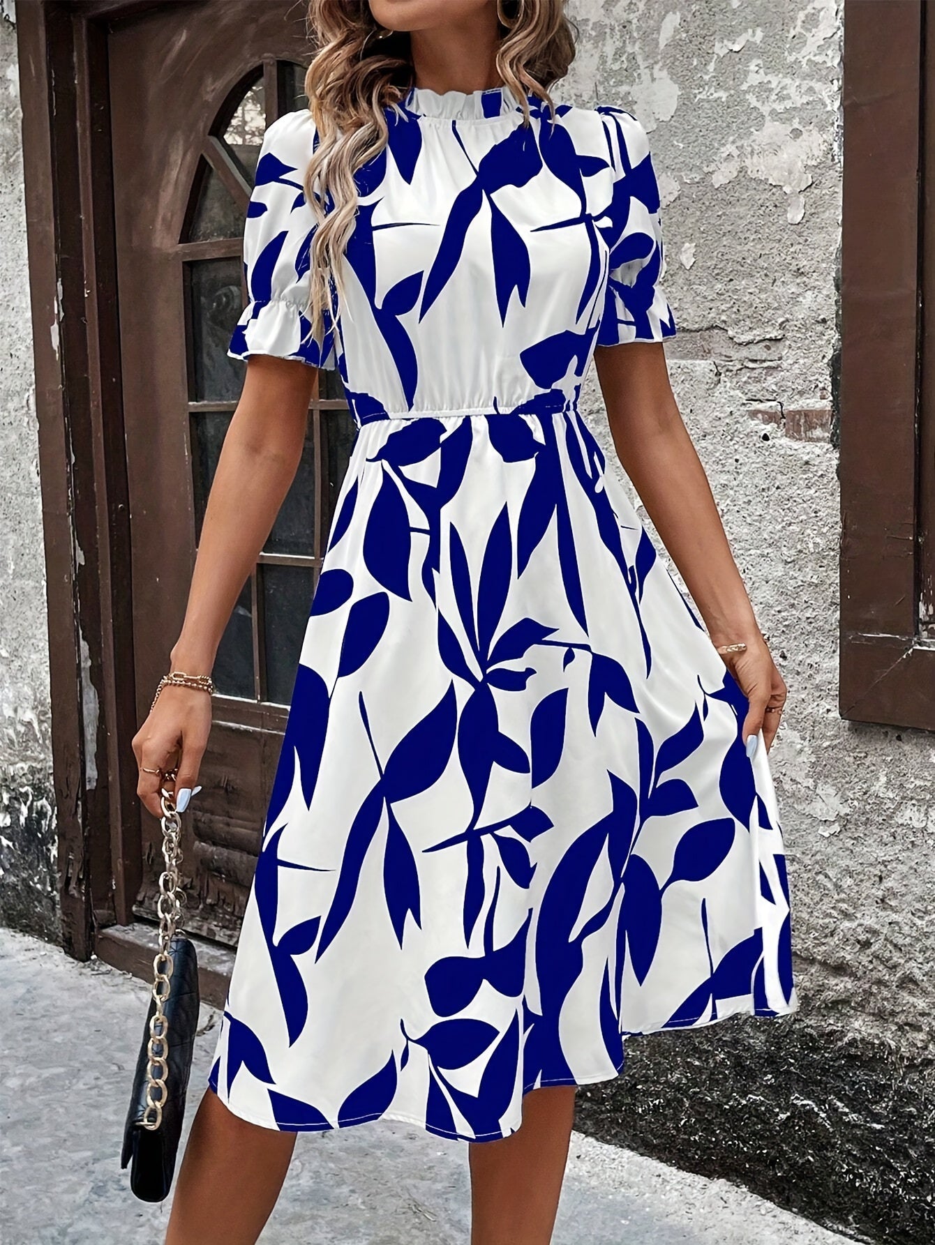 Leaf Print Mock Neck Dress, Elegant Short Sleeve Ruffle Cuff Back Keyhole A-line Dress