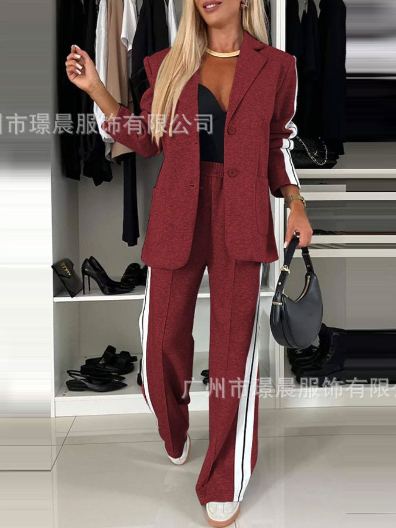 Full Size Contrast Lapel Collar Top and Pants Set