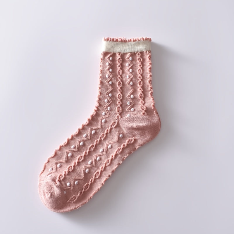 6 Pairs Flower Bubble Cable Crew Socks, Lightweight & Comfy Mid-tube Socks