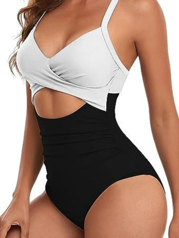Color Block Twist Cut Out Stretchy One-piece Swimsuit, Tie Back Criss Cross Ruched Tummy Control Bathing Suits