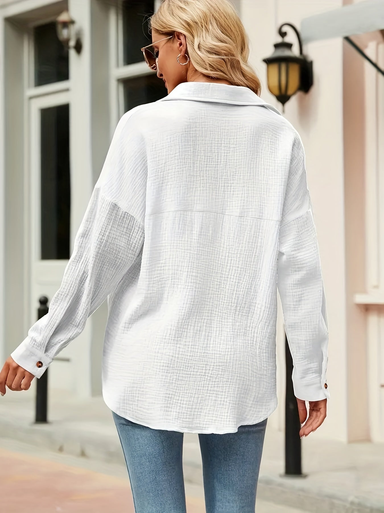 V-neck Loose Lapel Blouses, Casual Pocket Button Down Long Sleeve Fashion Shirts Tops