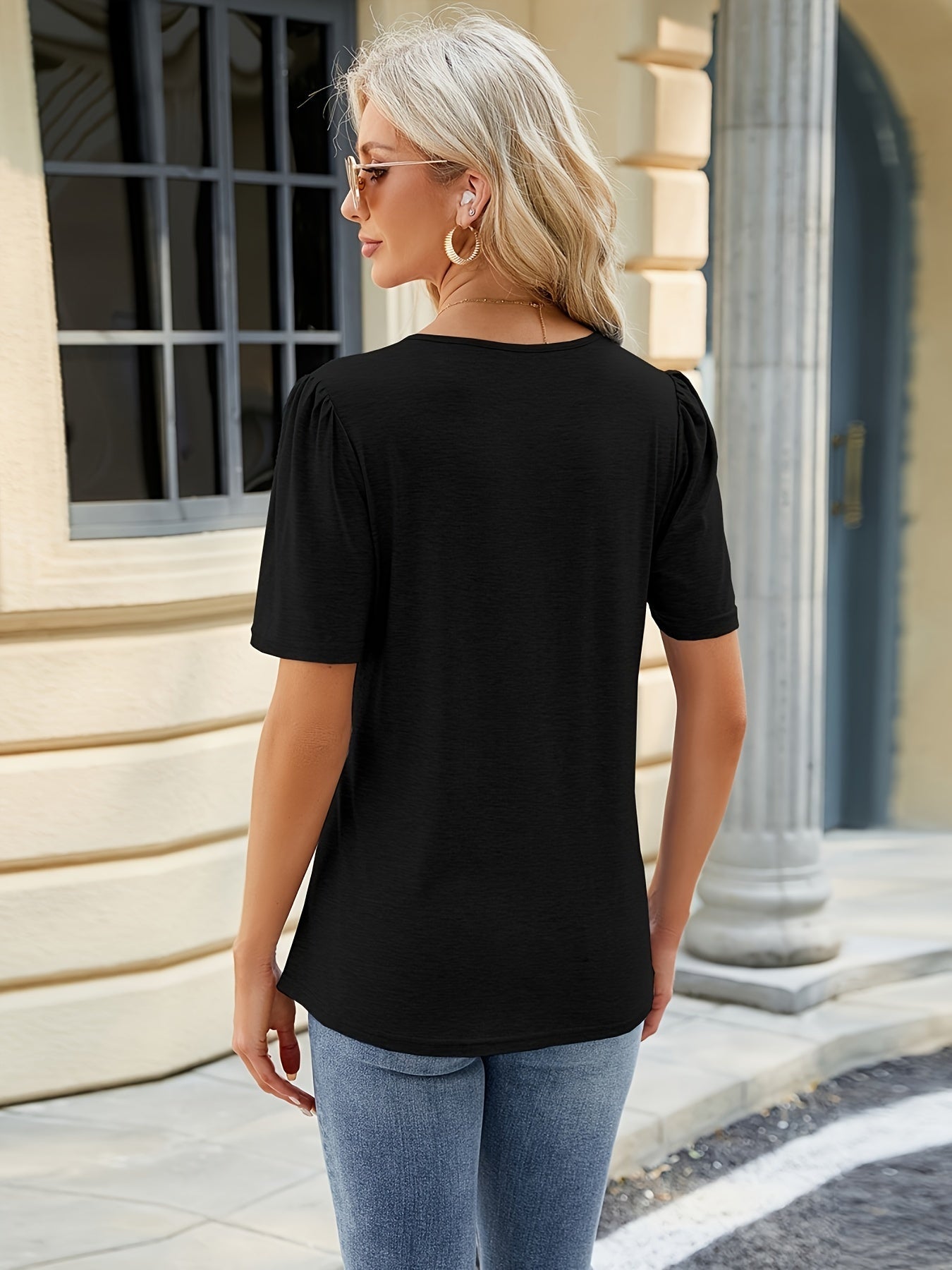 Solid Crew Neck T-shirt, Casual Short Sleeve Ruched Top
