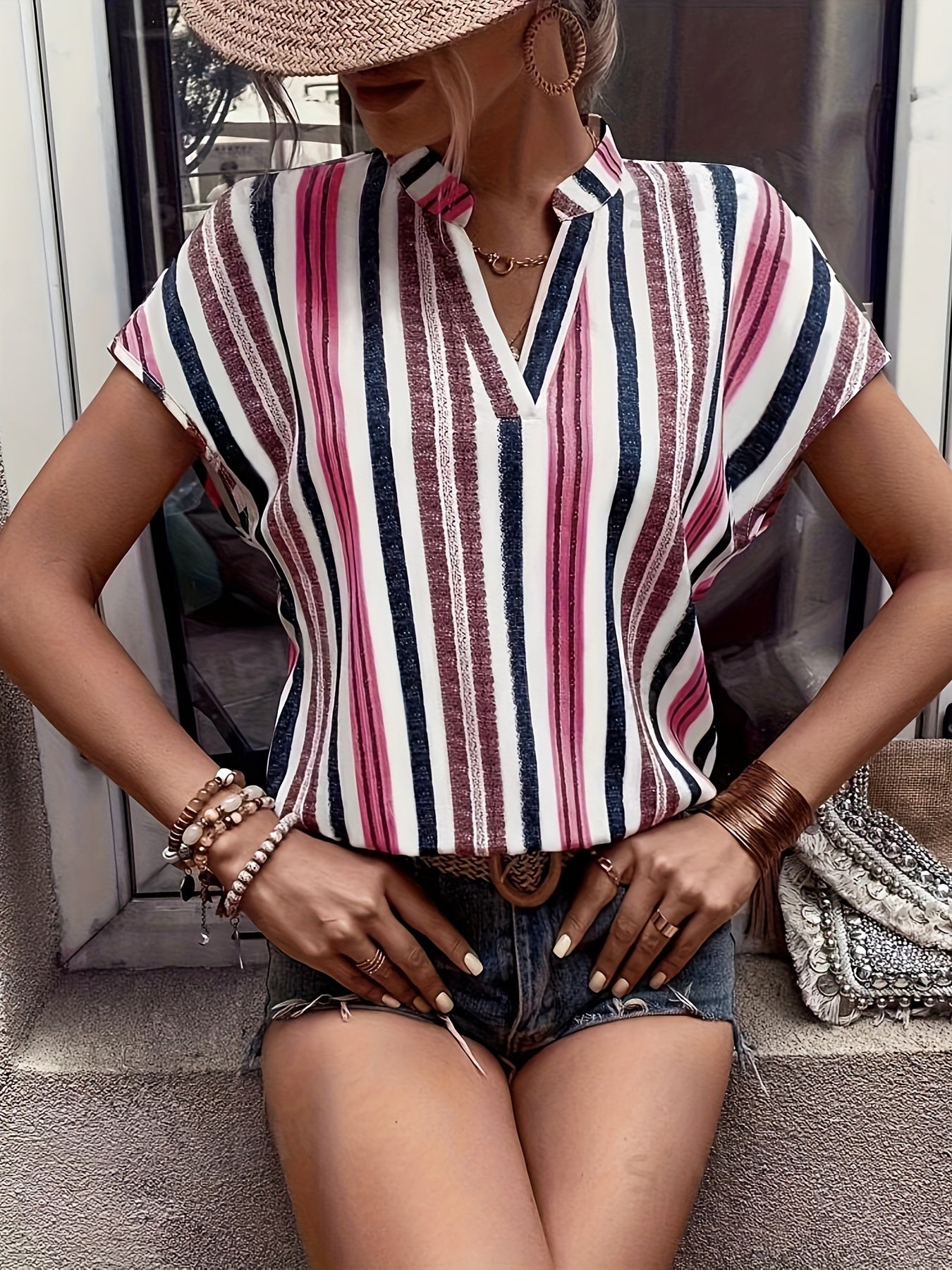 Striped Print Notched Neck Blouse, Casual Short Sleeve Blouse